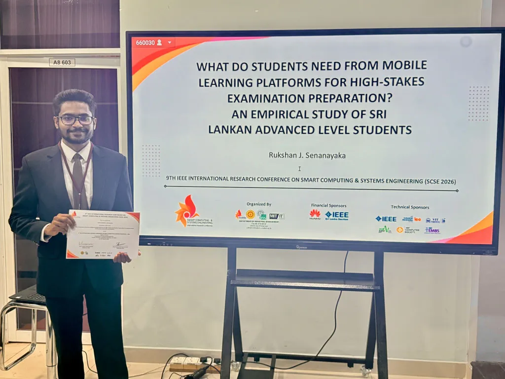 Rukshan J. Senanayaka presenting the research paper title slide at SCSE 2026, University of Kelaniya
